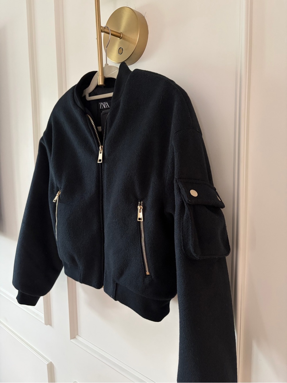 Zara Black Cropped Bomber Jacket with Utility Pocket